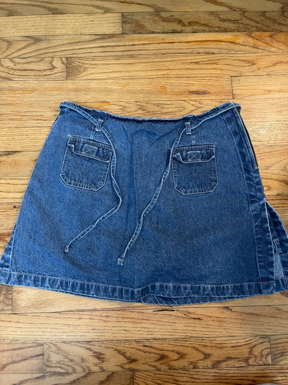 Women’s Blue Denim Drawstring Skort with Front Patch Pockets